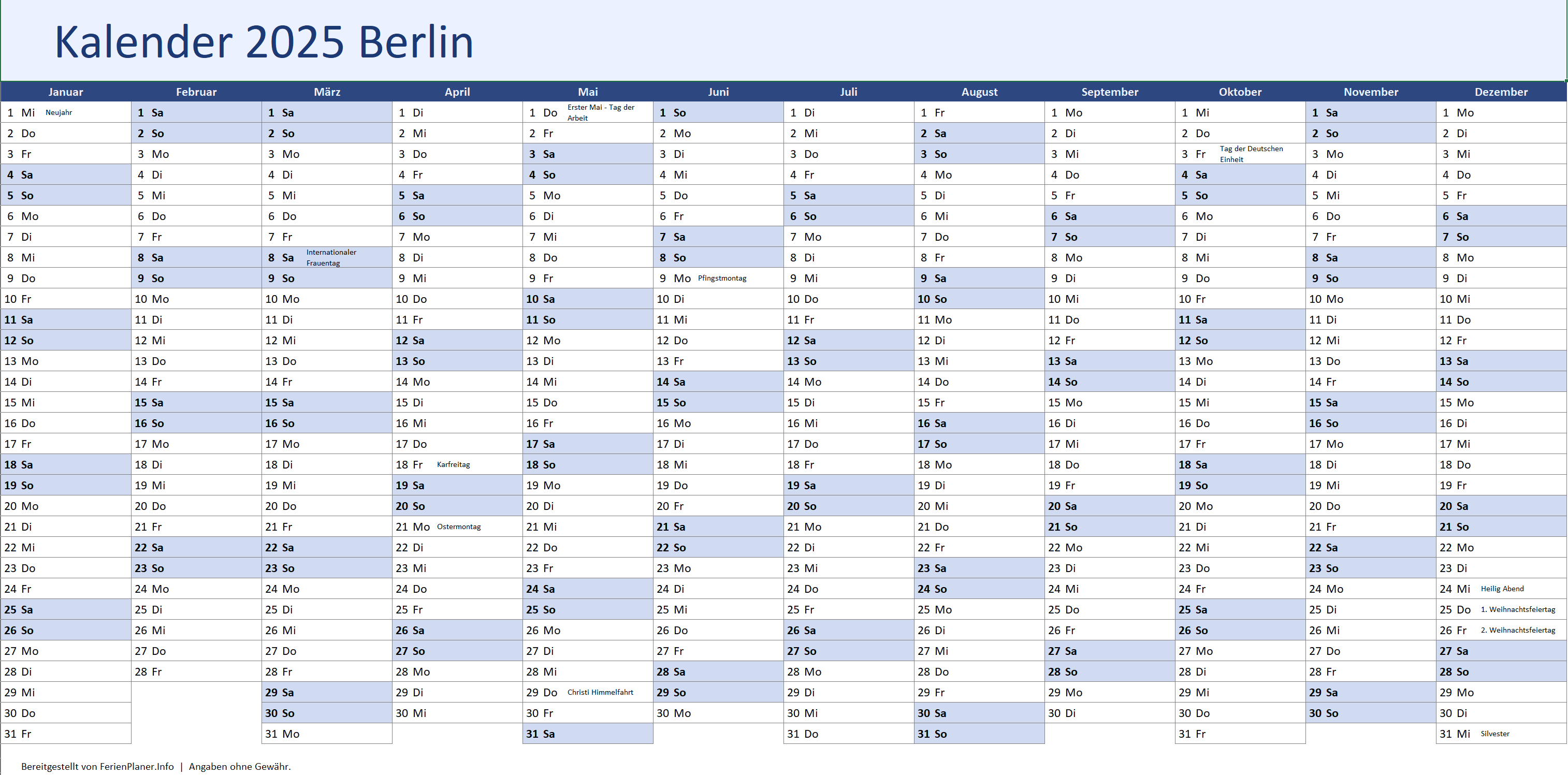 Jahreskalender als Excel Datei (.xlsx Datei)