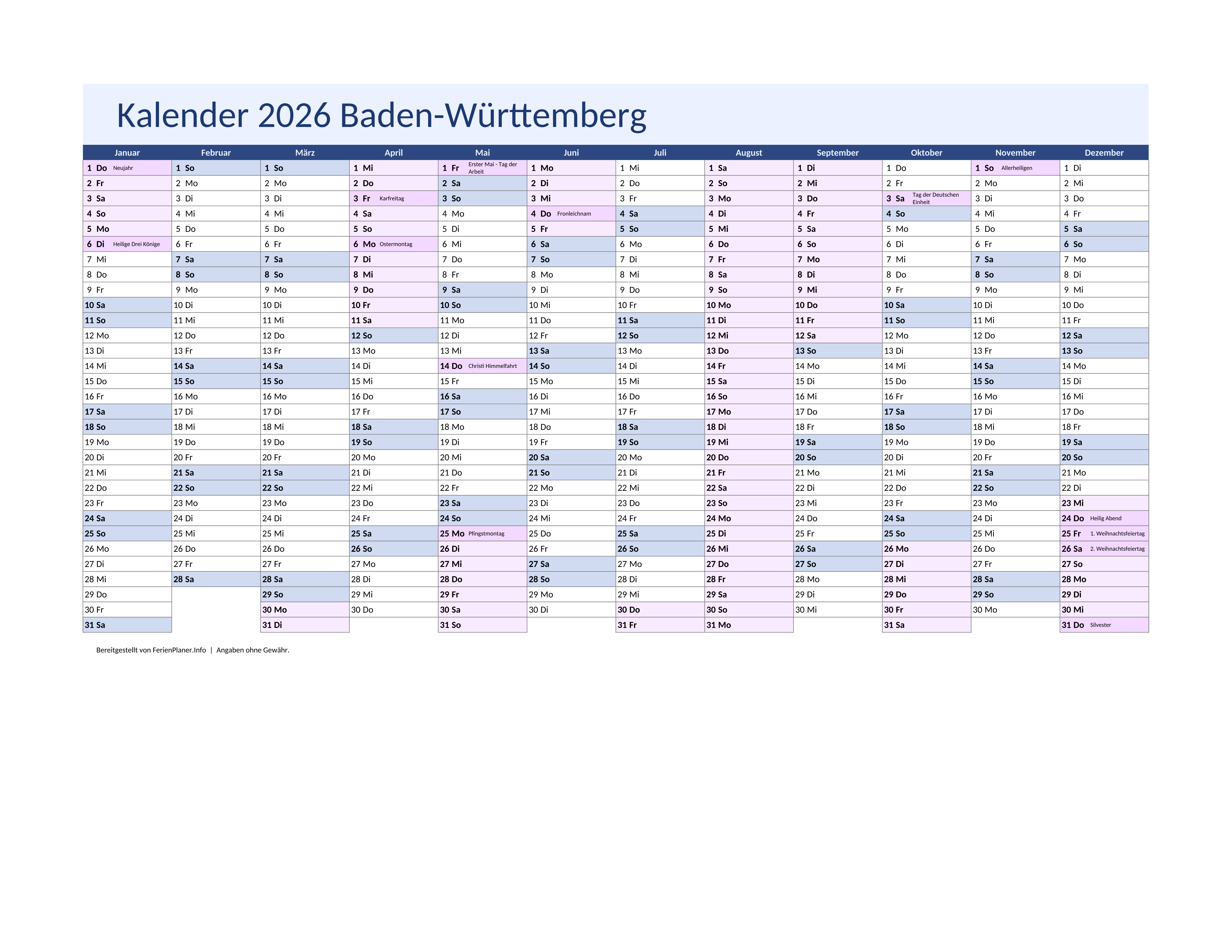 Vorschau: Jahreskalender 2026 für Baden-Württemberg