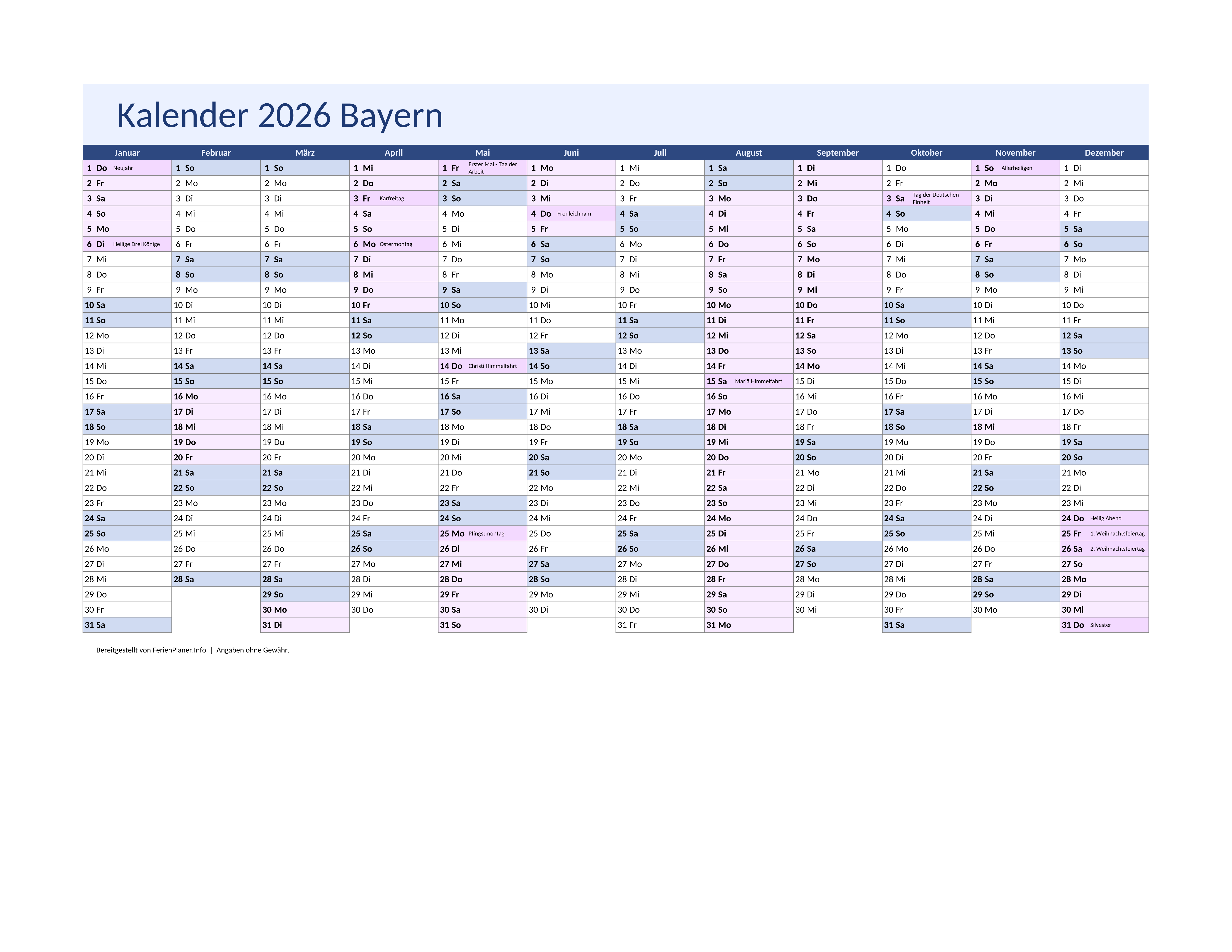 Vorschau: Jahreskalender 2026 für Bayern
