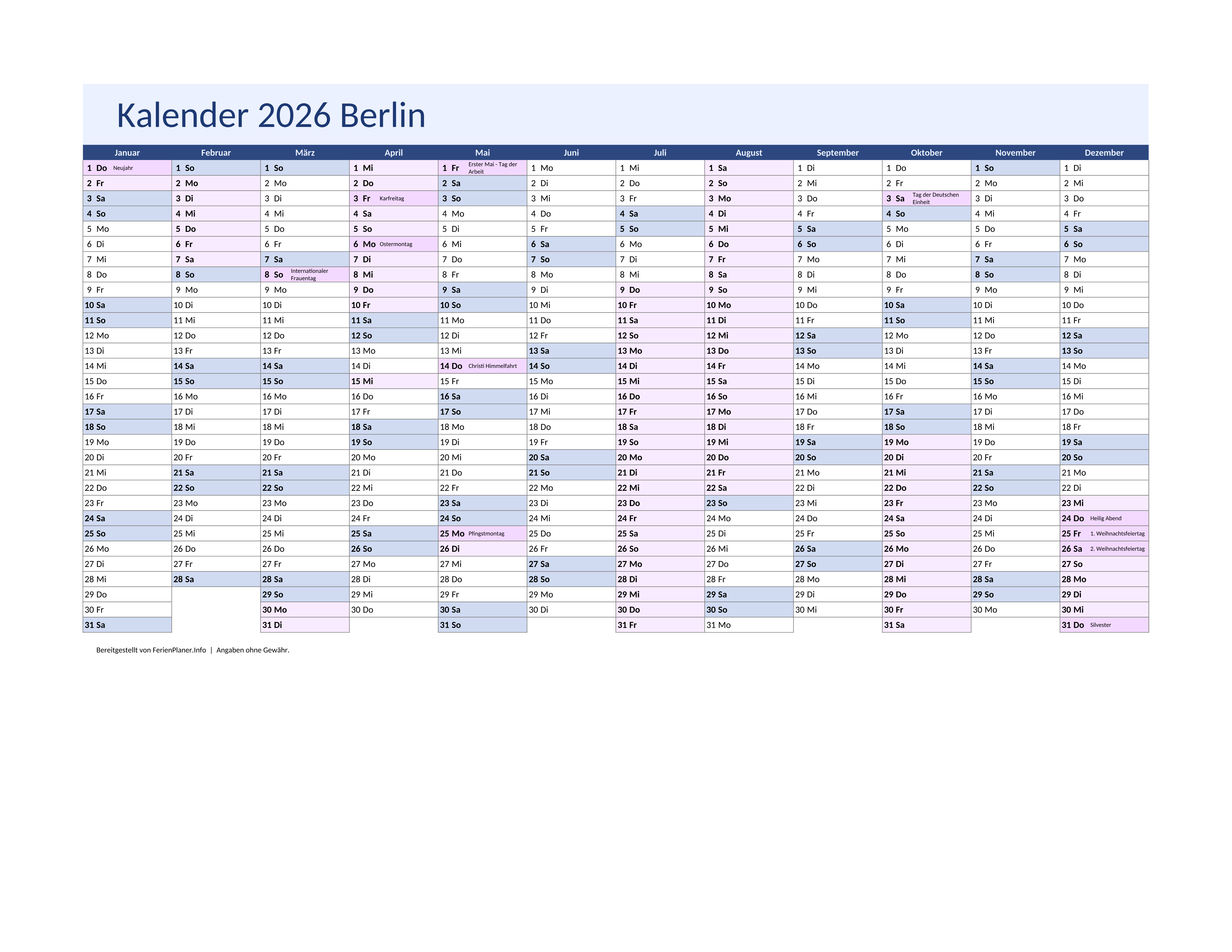 Vorschau: Jahreskalender 2026 für Berlin