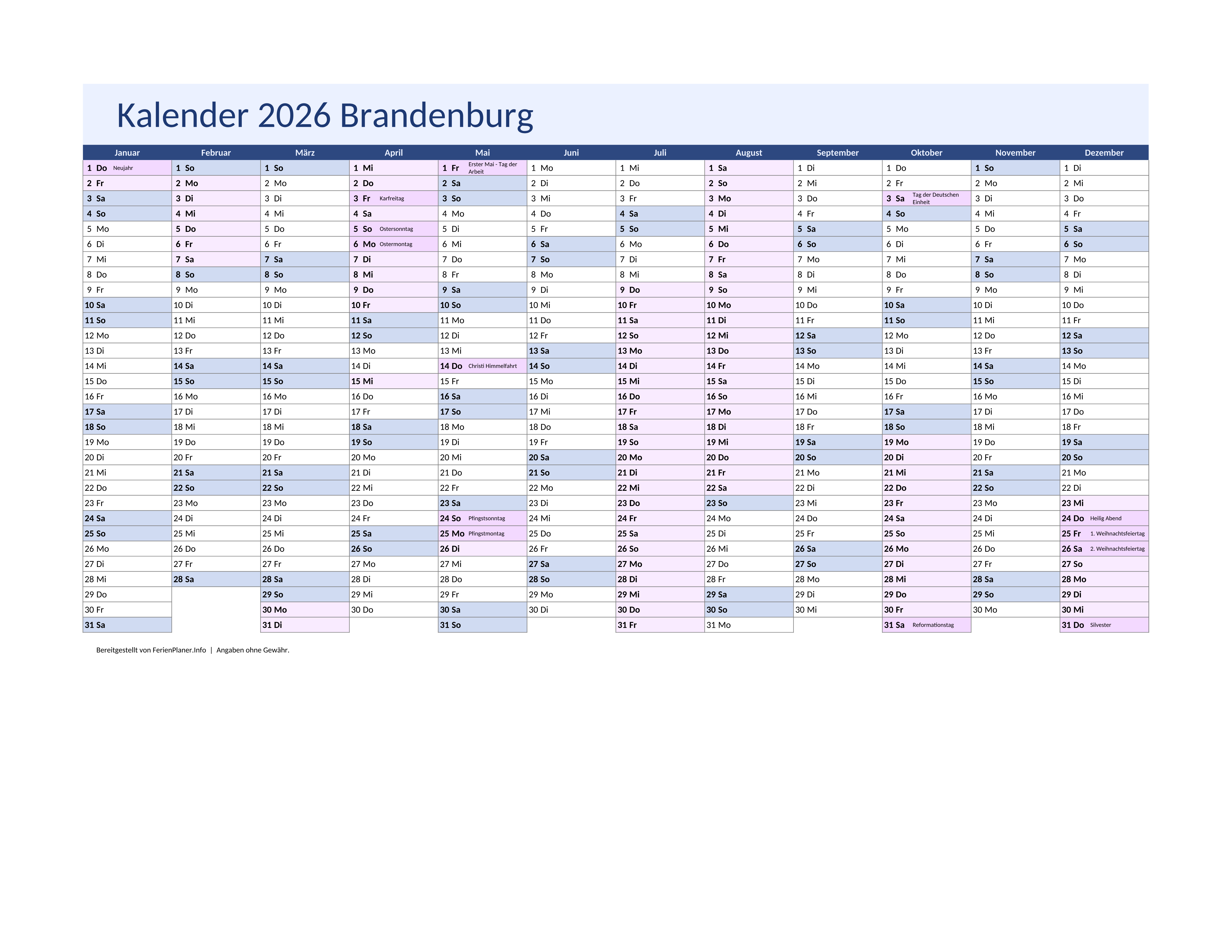 Vorschau: Jahreskalender 2026 für Brandenburg