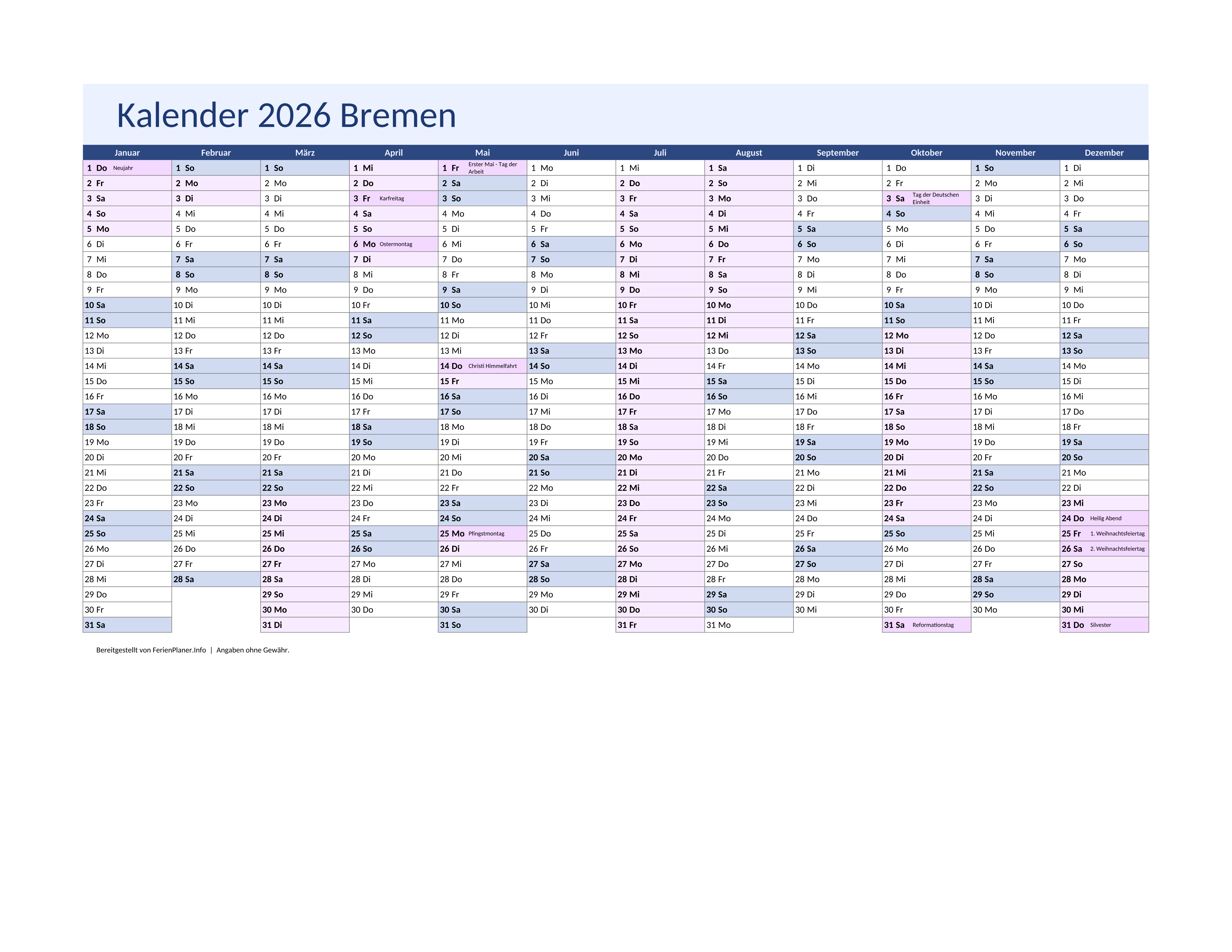 Vorschau: Jahreskalender 2026 für Bremen