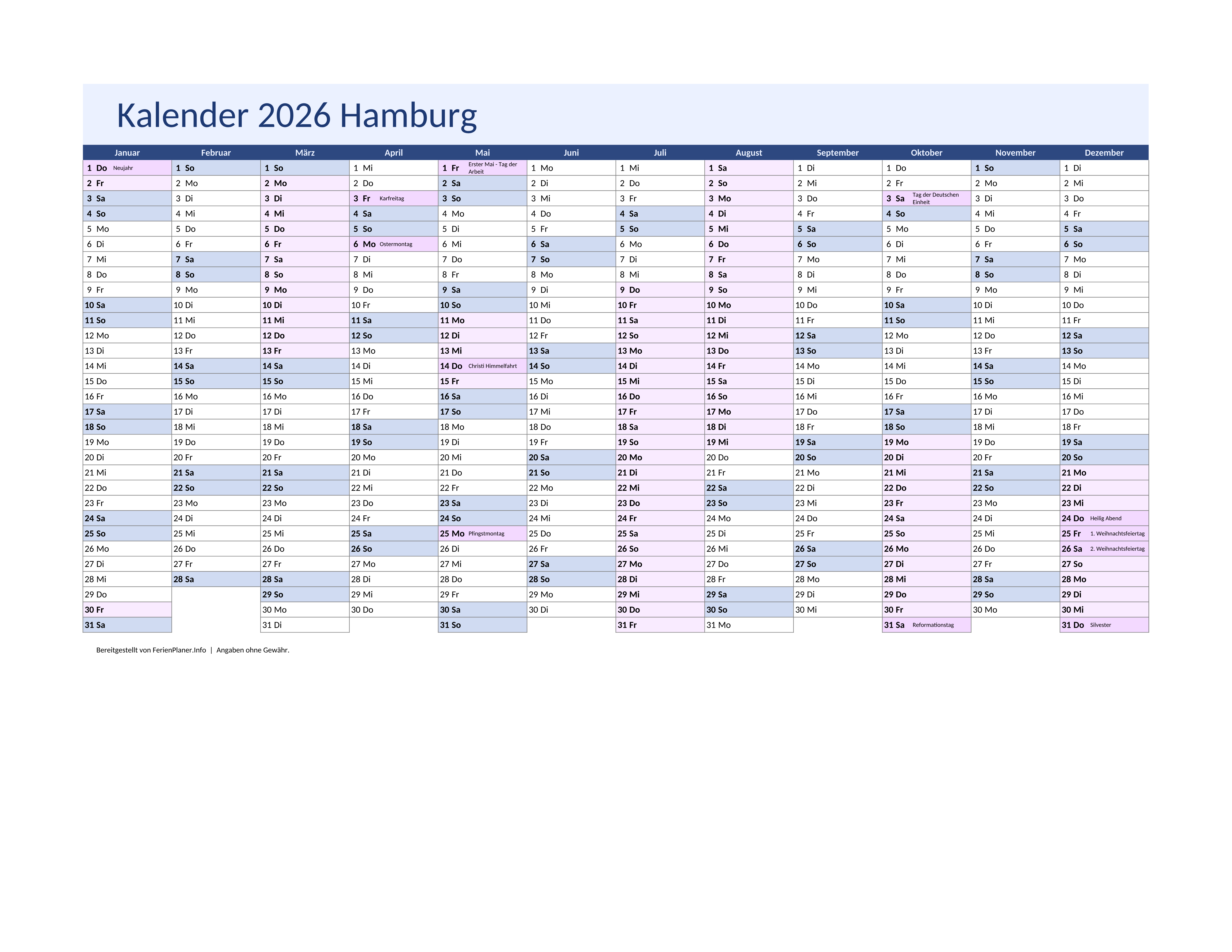 Vorschau: Jahreskalender 2026 für Hamburg