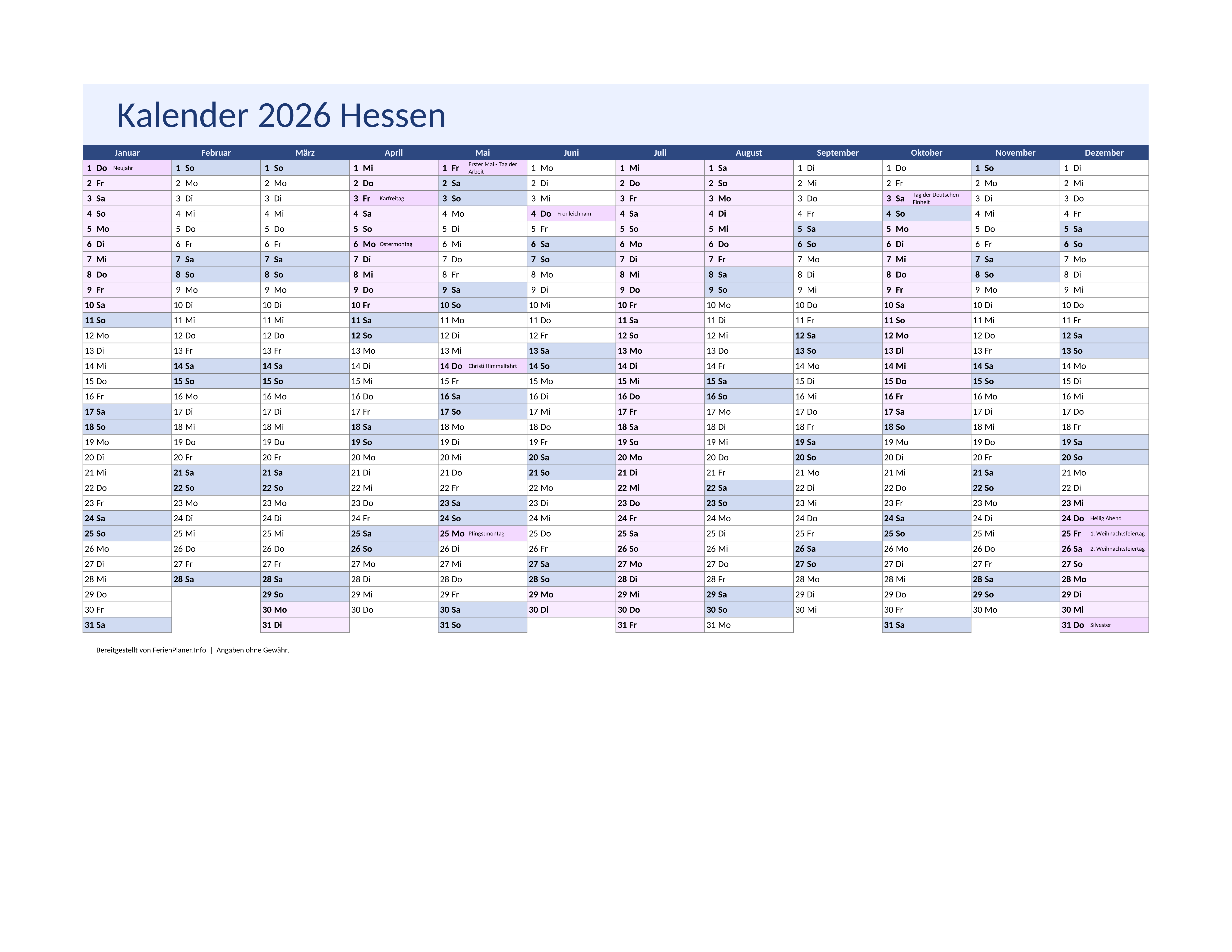 Vorschau: Jahreskalender 2026 für Hessen