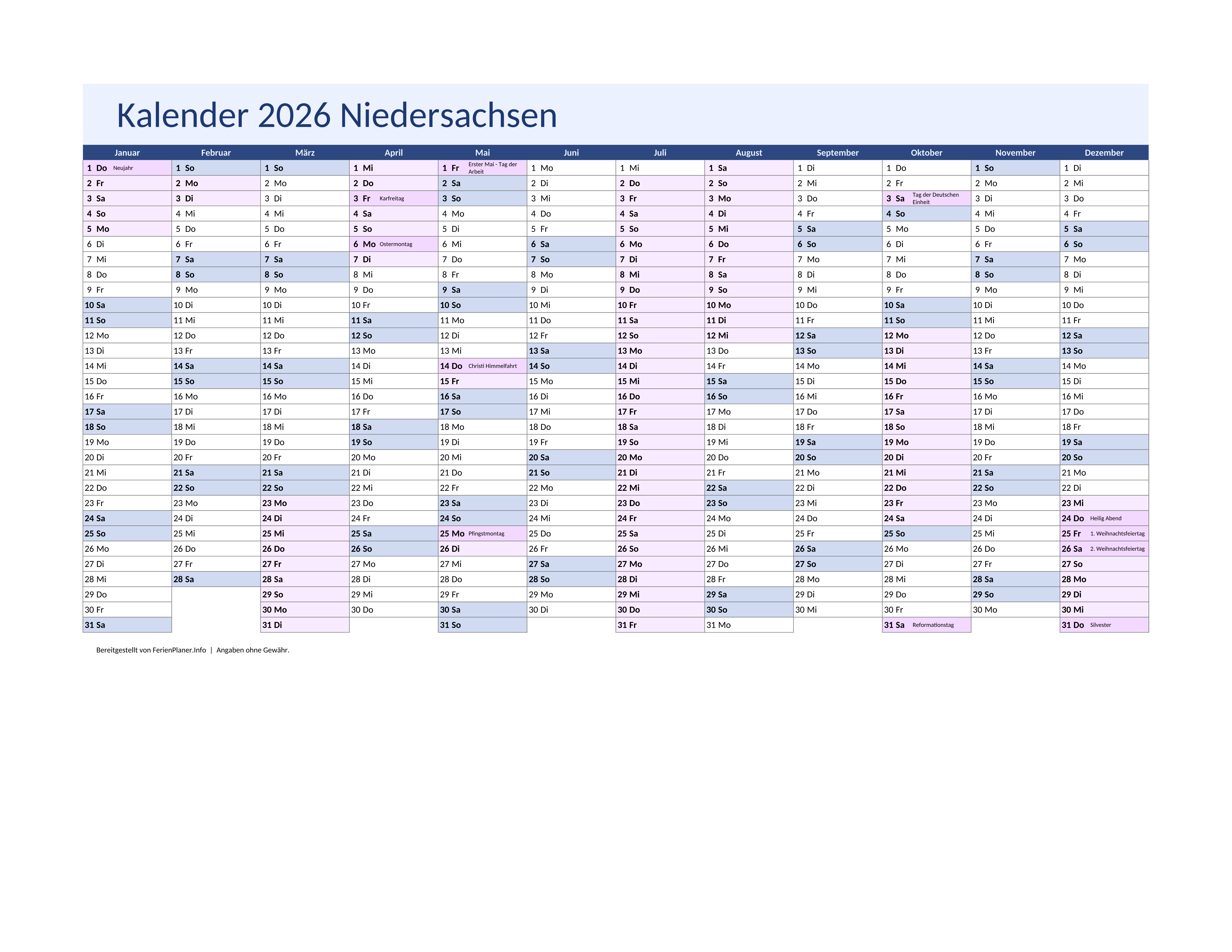 Vorschau: Jahreskalender 2026 für Niedersachsen