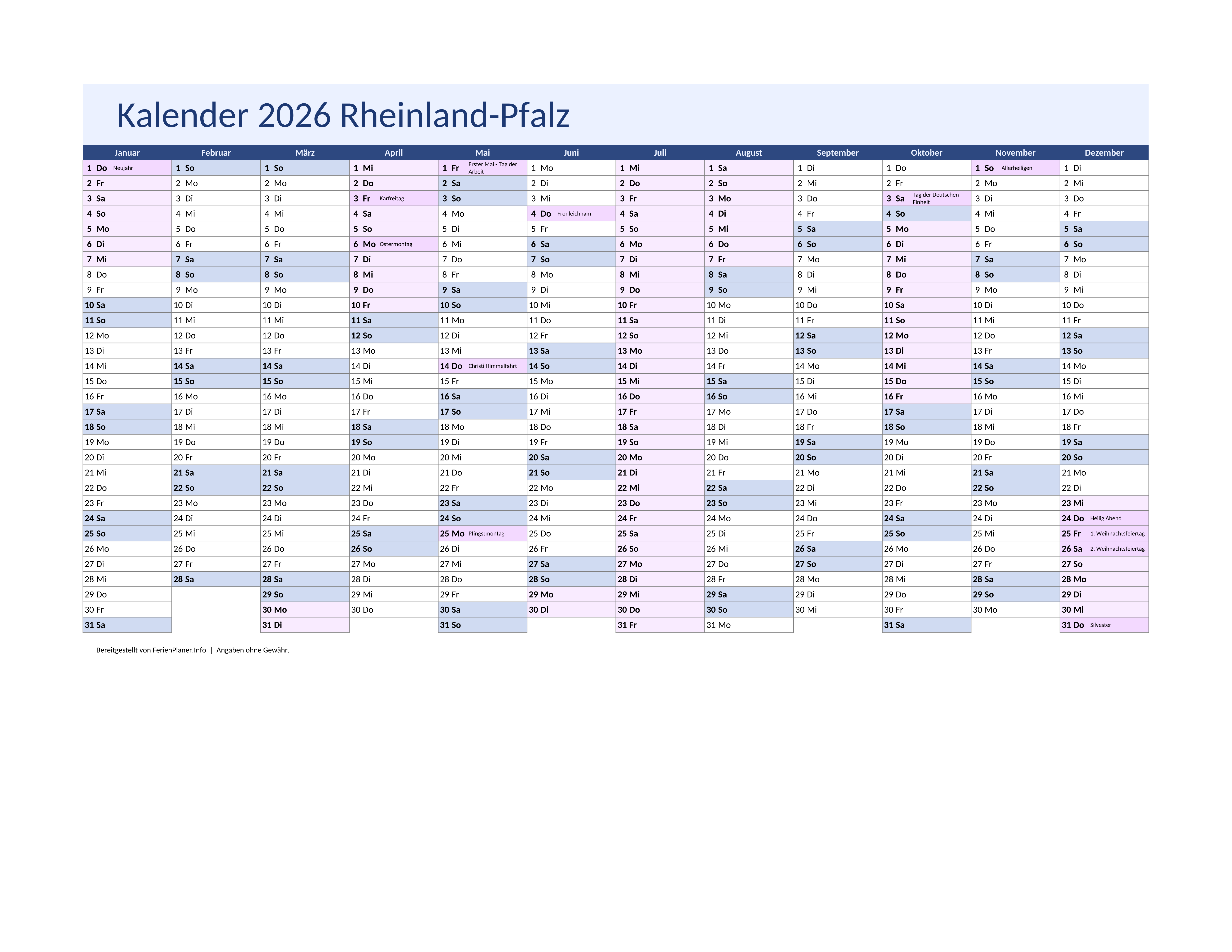 Vorschau: Jahreskalender 2026 für Rheinland-Pfalz