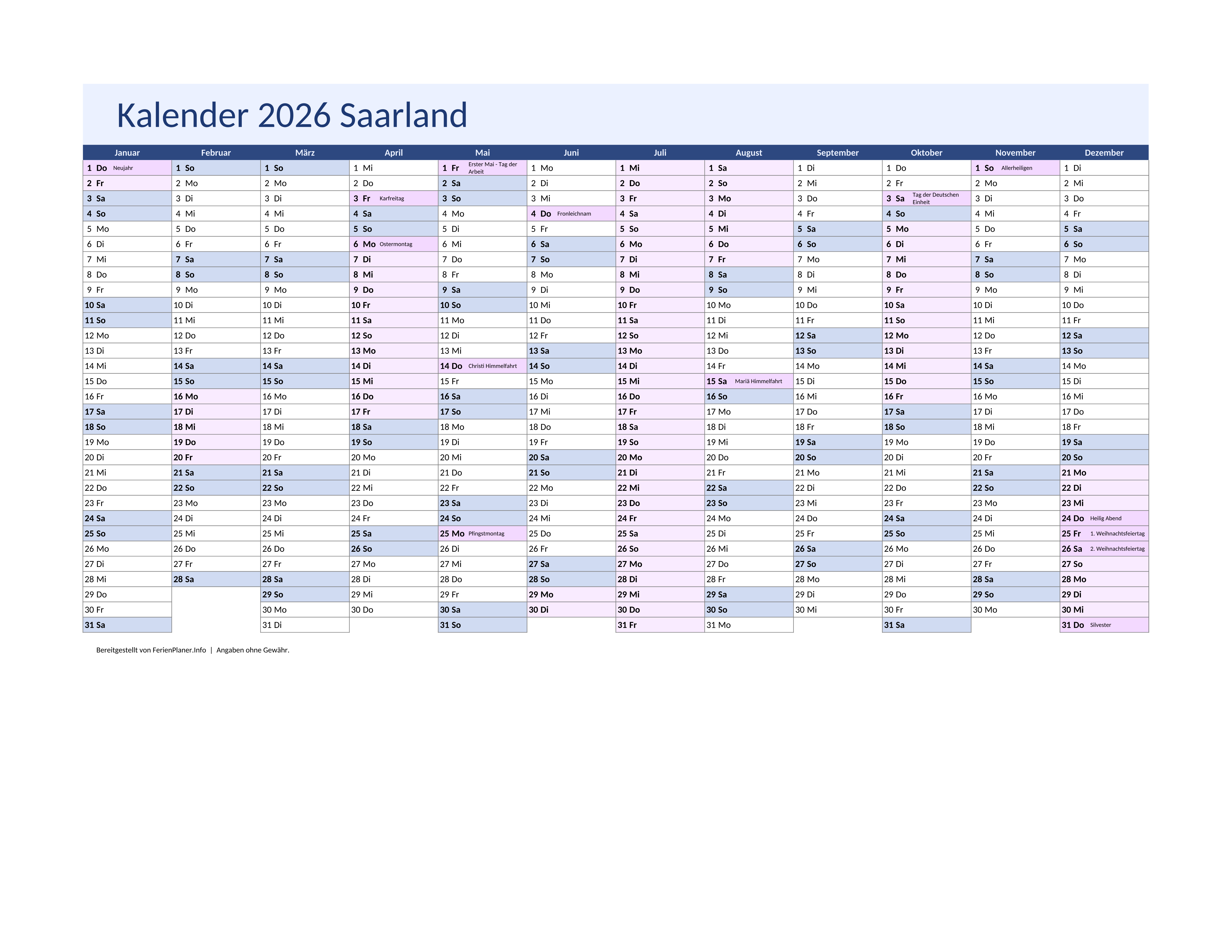 Vorschau: Jahreskalender 2026 für Saarland
