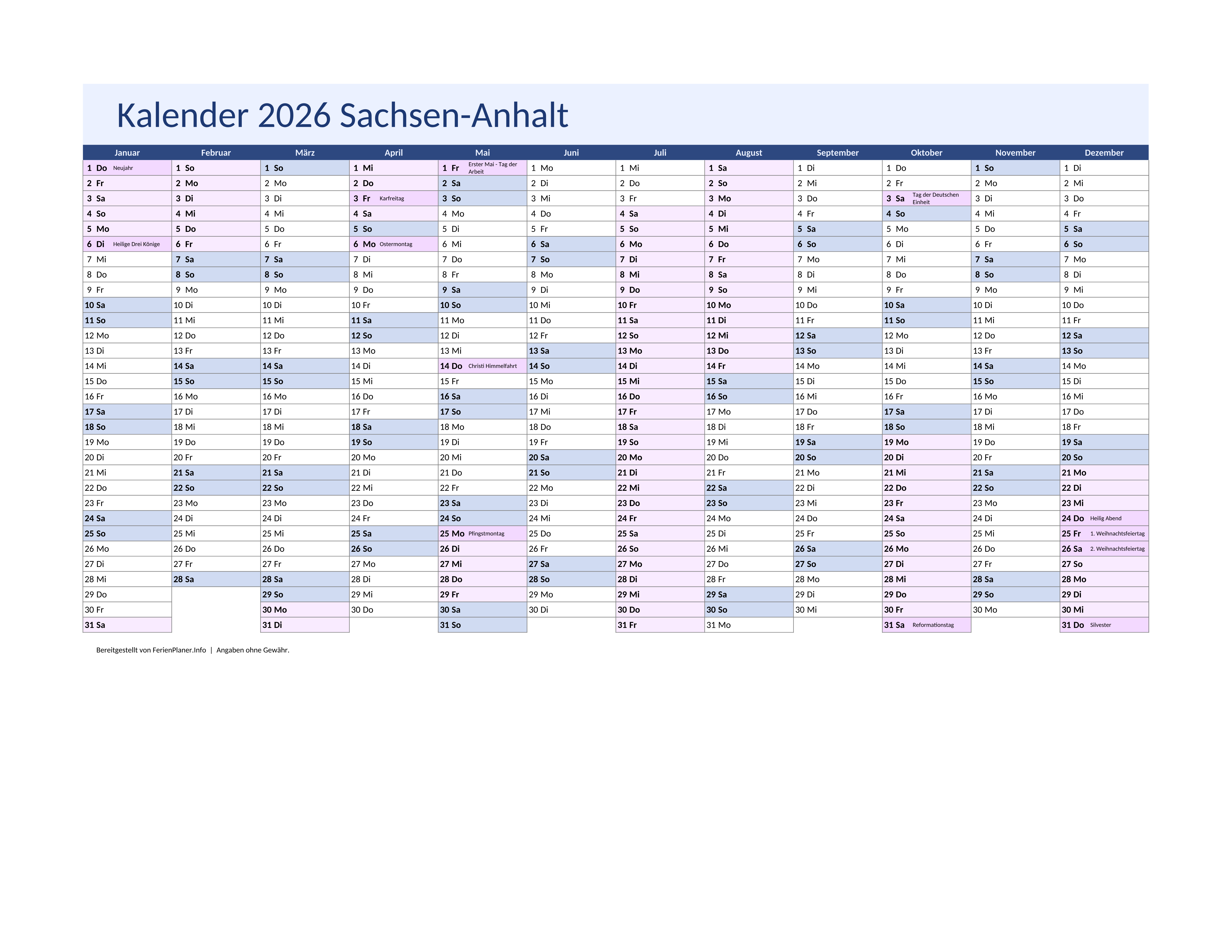 Vorschau: Jahreskalender 2026 für Sachsen-Anhalt