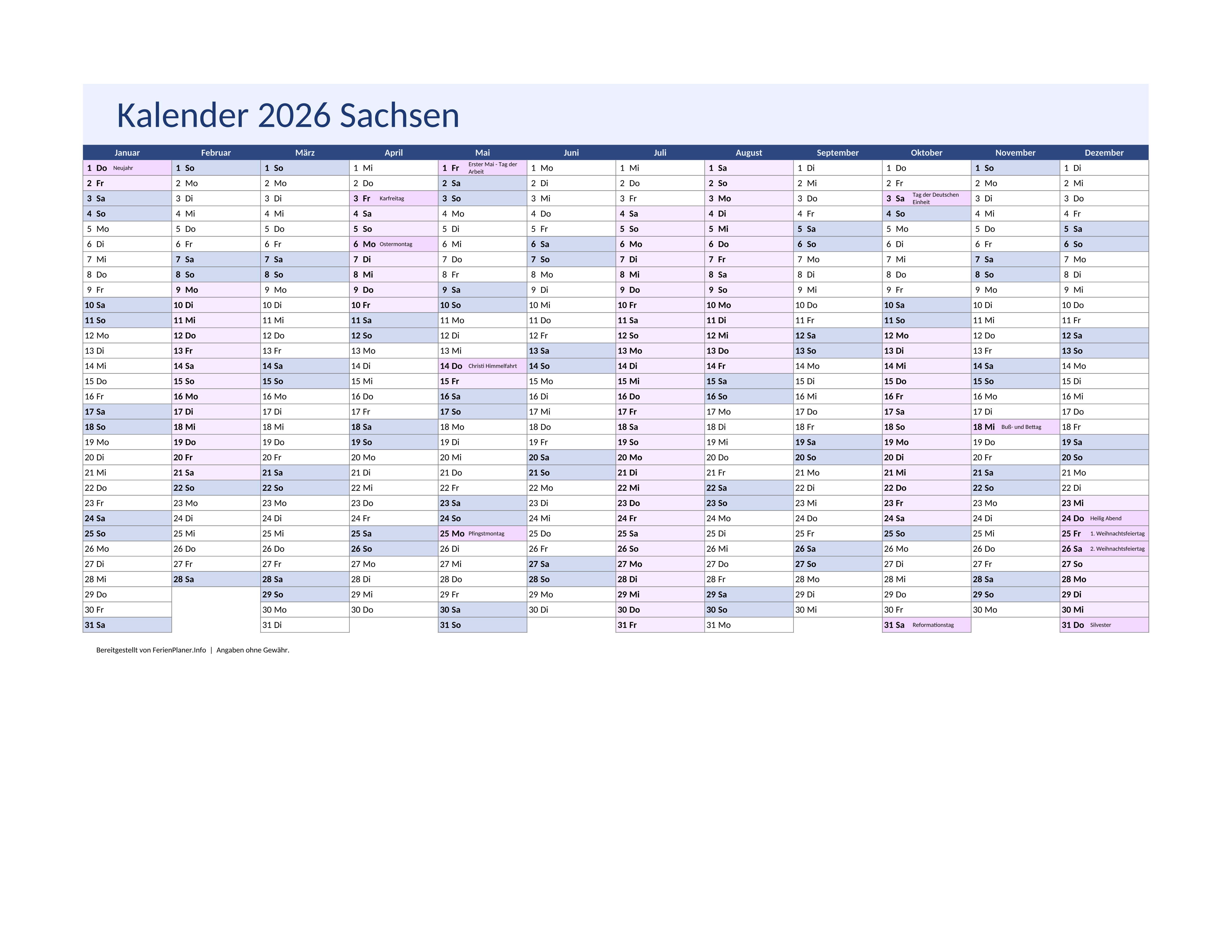 Vorschau: Jahreskalender 2026 für Sachsen