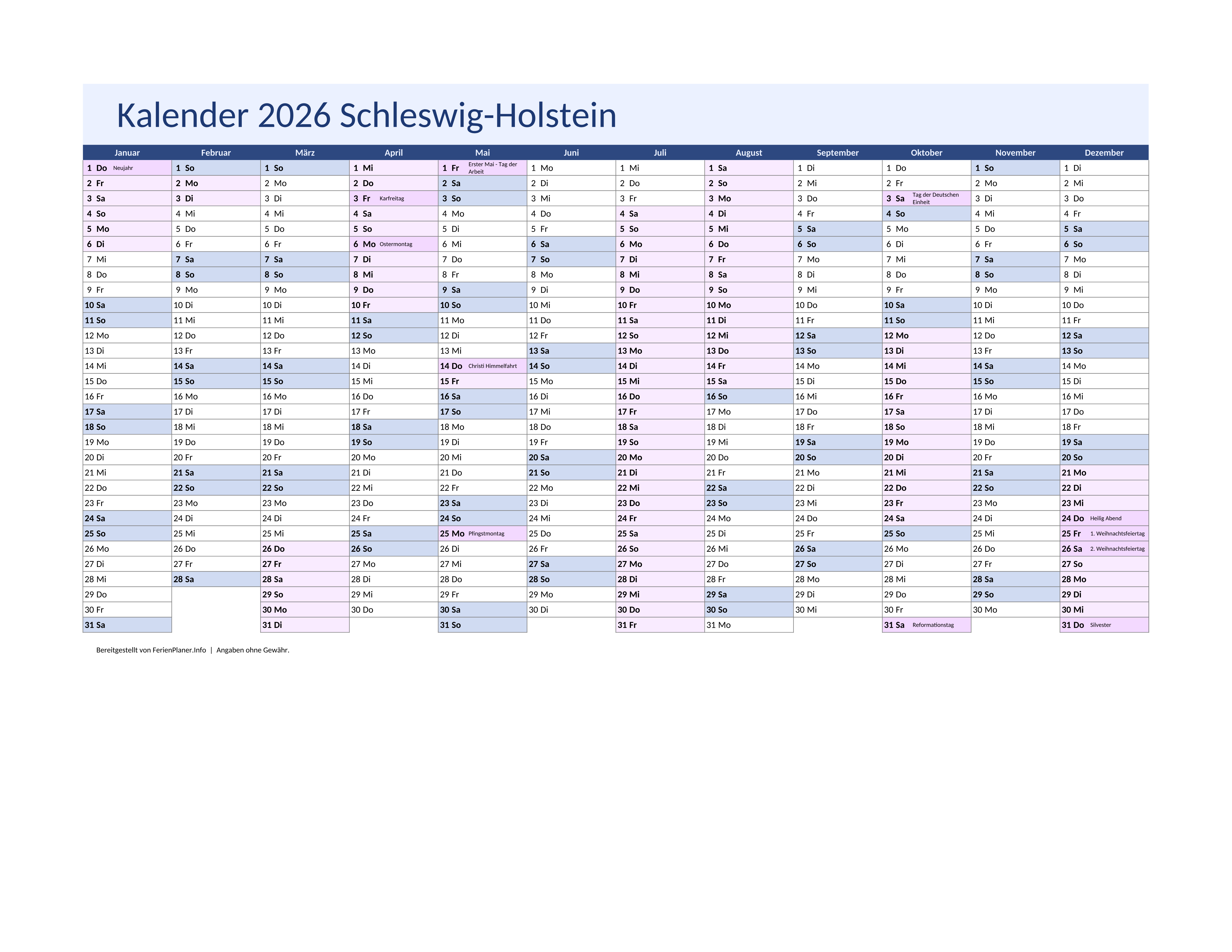 Vorschau: Jahreskalender 2026 für Schleswig-Holstein