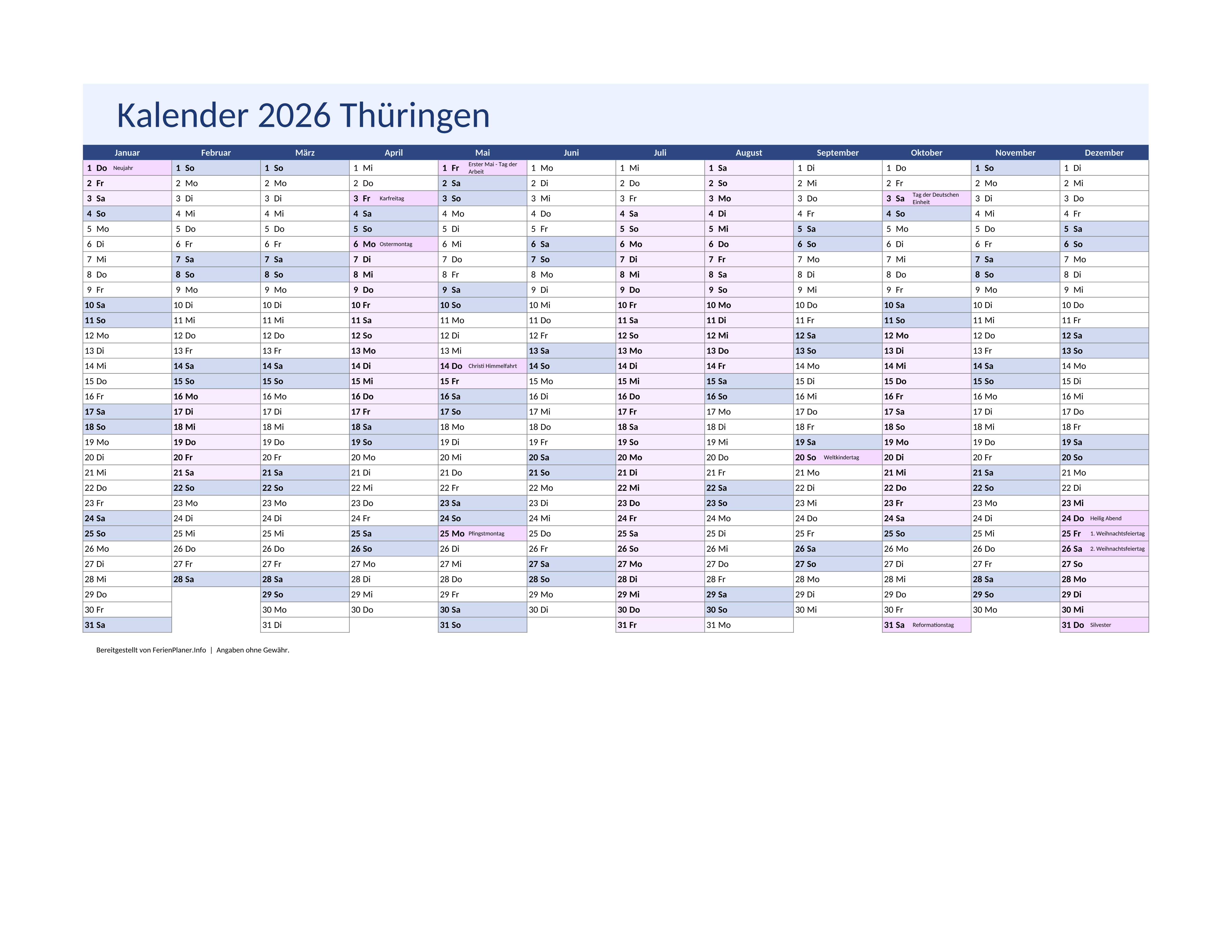 Vorschau: Jahreskalender 2026 für Thüringen